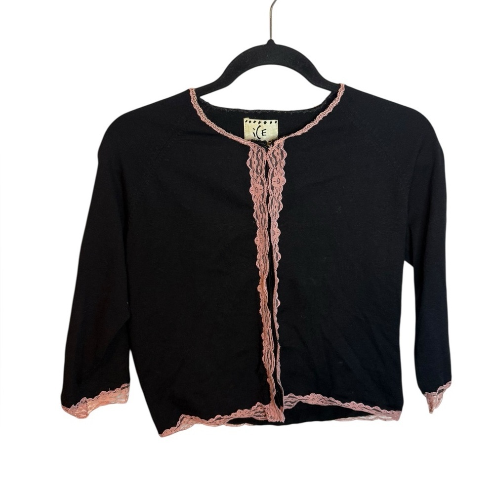 Ice Vintage Y2K Black Silk Baby Pink Lace Trim Cardigan
